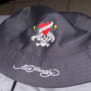 Ed Hardy Charcoal Hat with Skull and Heart Motif